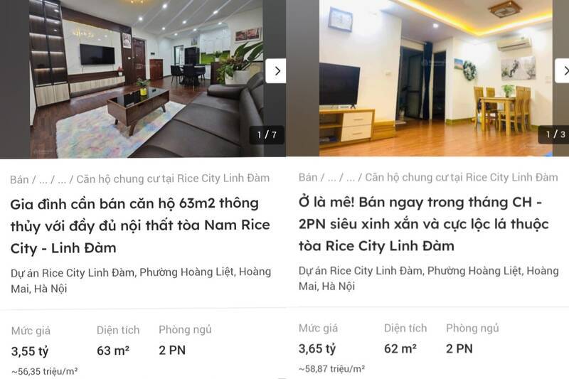 C&aacute;c căn hộ ở dự &aacute;n nh&agrave; ở x&atilde; hội Rice City Linh Đ&agrave;m (H&agrave; Nội) đang được rao b&aacute;n với gi&aacute; hơn 50 triệu đồng/m2. Ảnh: Chụp m&agrave;n h&igrave;nh