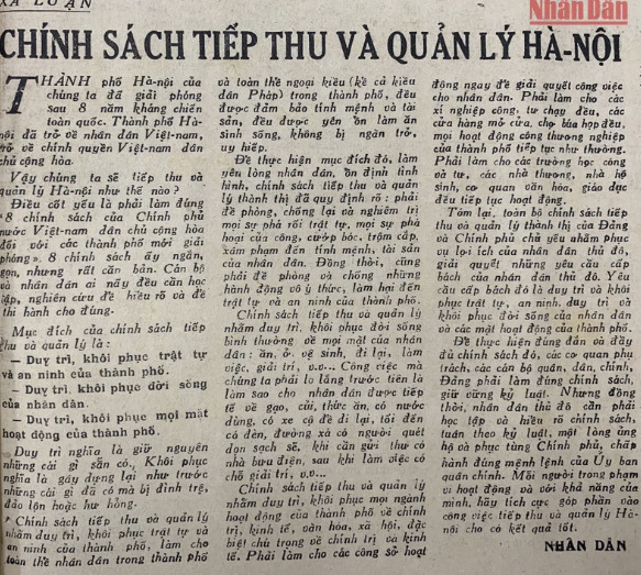 B&agrave;i x&atilde; luận đăng tr&ecirc;n B&aacute;o Nh&acirc;n số ra ng&agrave;y 11-12/10/1954. Ảnh: B&aacute;o Nh&acirc;n D&acirc;n