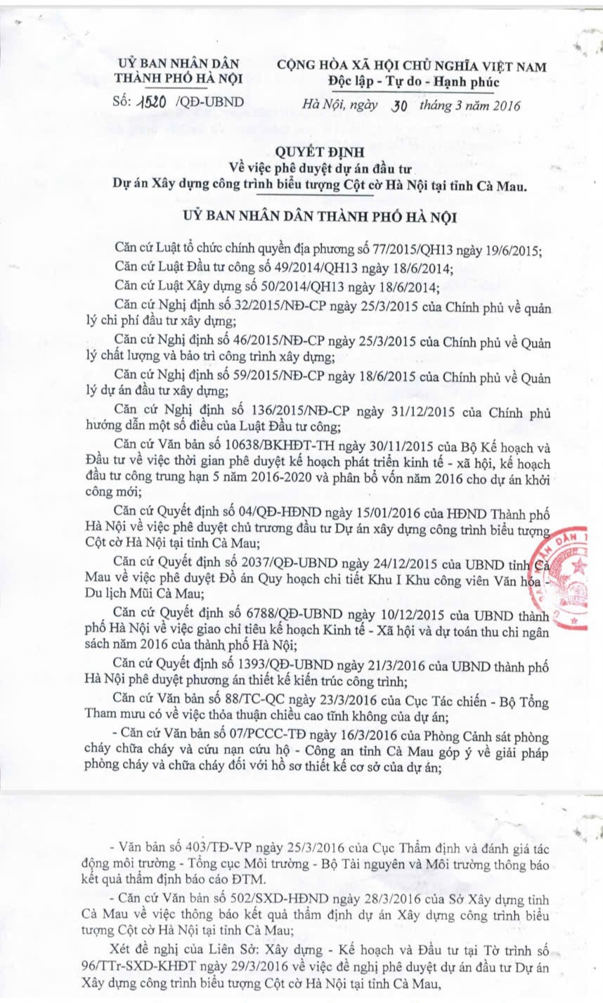 Quyết định số 1520/ QĐ-UBND ng&agrave;y 30/6/2016 của UBND TP H&agrave; Nội ph&ecirc; duyệt Dự &aacute;n C&ocirc;ng tr&igrave;nh Cột cờ H&agrave; Nội tại Mũi C&agrave; Mau (Ho&agrave;ng Nam).