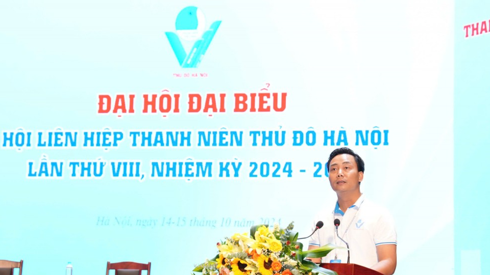 Ph&oacute; B&iacute; thư Thường trực Th&agrave;nh đo&agrave;n, Chủ tịch Hội LHTN Việt Nam TP H&agrave; Nội kho&aacute; VII Nguyễn Đức Tiến ph&aacute;t biểu khai mạc Đại hội. Ảnh: Mạnh Phạm