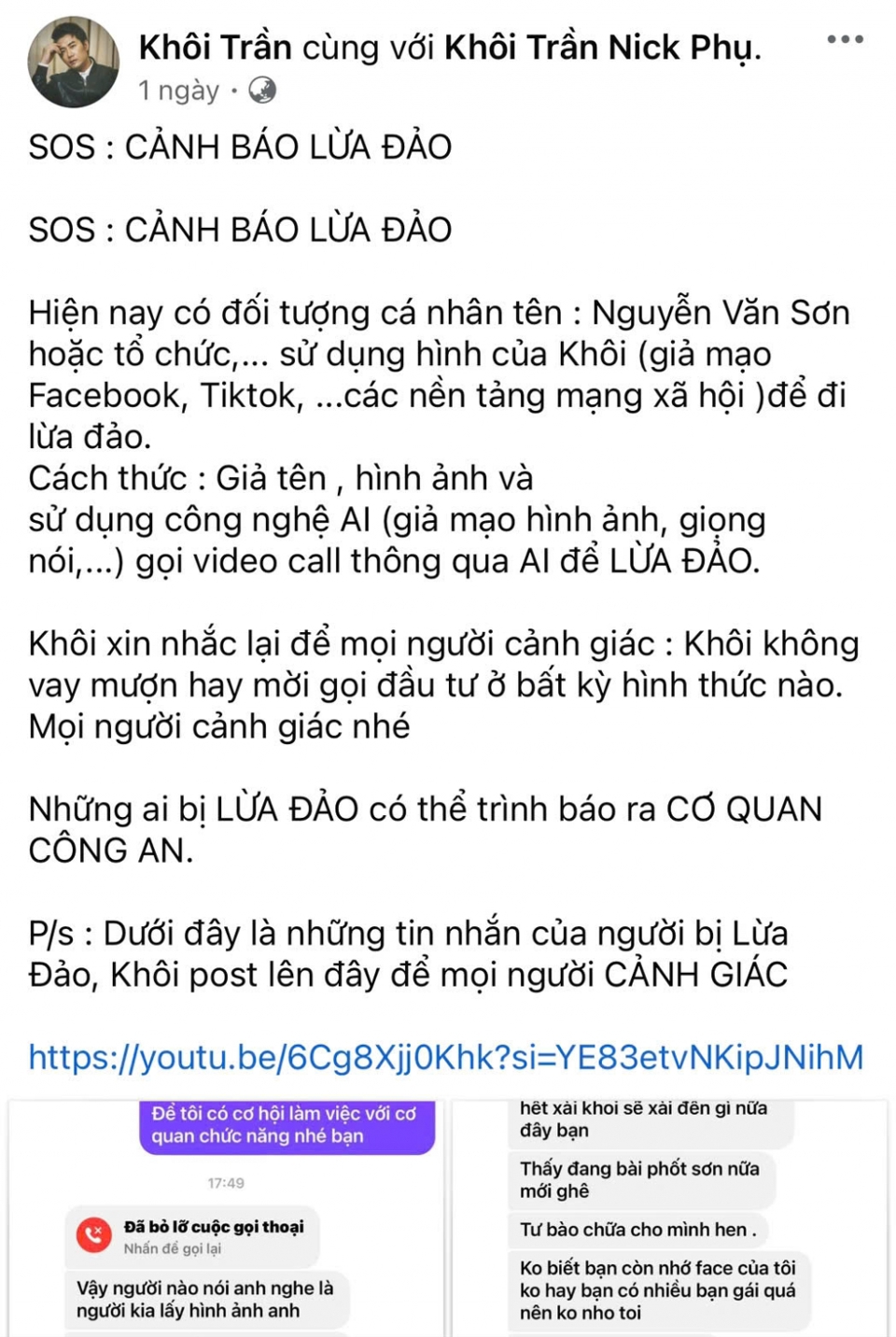 Diễn vi&ecirc;n Kh&ocirc;i Trần đăng tải b&agrave;i viết cảnh b&aacute;o lừa đảo.