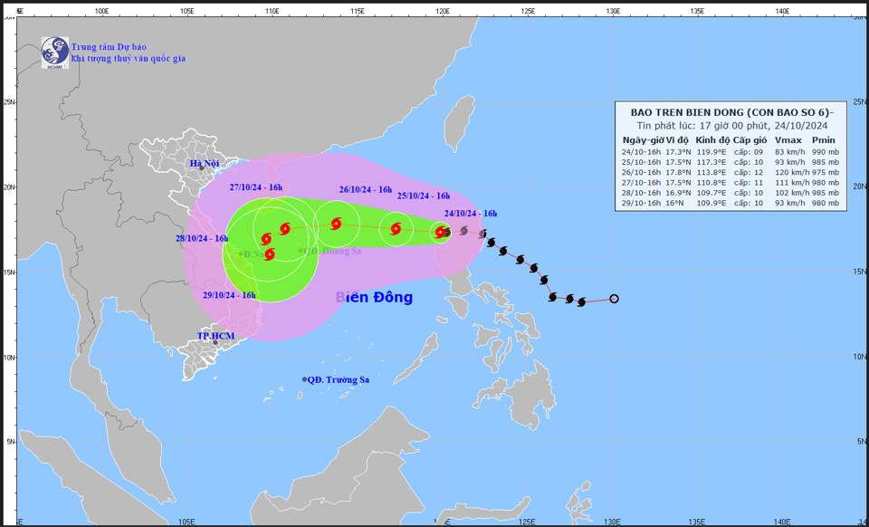 Hướng đi của b&atilde;o TRAMI - Ảnh: Trung t&acirc;m Dự b&aacute;o kh&iacute; tượng thủy văn Quốc gia cập nhật l&uacute;c 17h ng&agrave;y 24/10/2024.