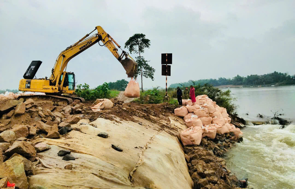 Bất chấp thời tiết mưa do ảnh hưởng của b&atilde;o Tr&agrave; Mi, nhiều m&aacute;y m&oacute;c v&agrave; nh&acirc;n c&ocirc;ng vẫn được tập kết, triển khai c&ocirc;ng việc nhằm đảm bảo an to&agrave;n cho tuyến bờ s&ocirc;ng. Đ&acirc;y l&agrave; đoạn thường xuy&ecirc;n xảy ra sạt lở mỗi khi nước lũ về.