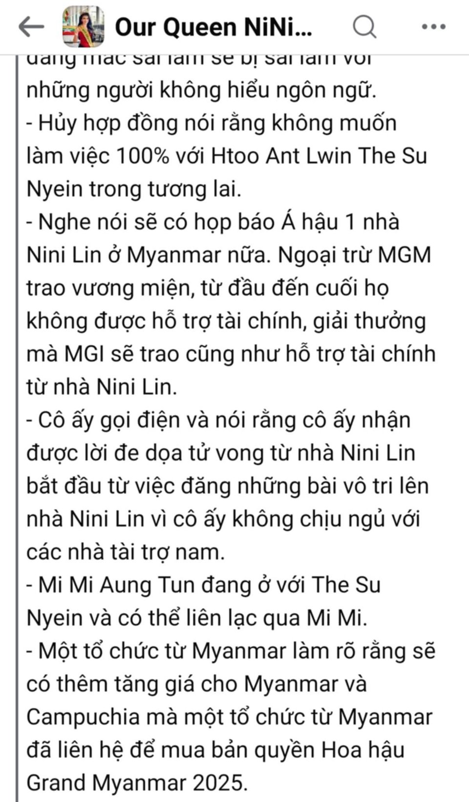 Diễn đ&agrave;n nhan sắc Our Queen NiNi Lin Eain Myanmar xuất hiện loạt th&ocirc;ng tin về Ni Ni Lin Eain. Ảnh chụp m&agrave;n h&igrave;nh