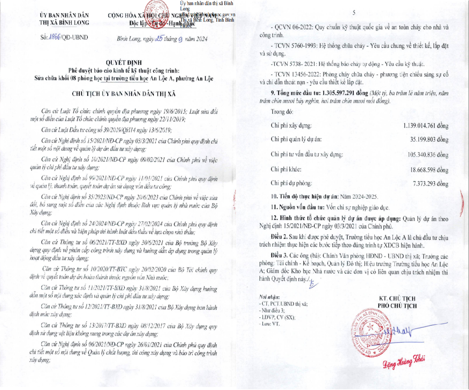 Quyết định do &ocirc;ng Đặng Ho&agrave;ng Th&aacute;i, Ph&oacute; Chủ tịch UBND thị x&atilde; B&igrave;nh Long k&yacute; ng&agrave;y 25/9/2024.