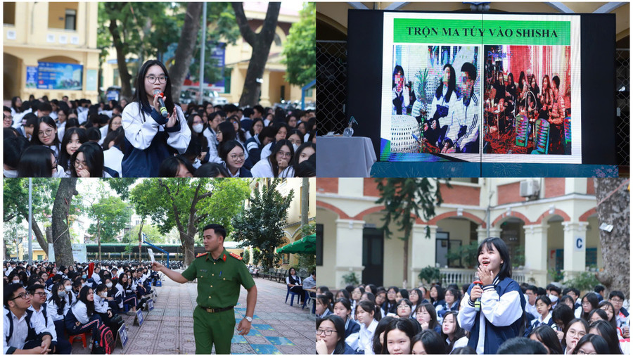 Học sinh tham gia trả lời c&acirc;u hỏi giao lưu với diễn giả về những t&aacute;c hại của ma t&uacute;y.