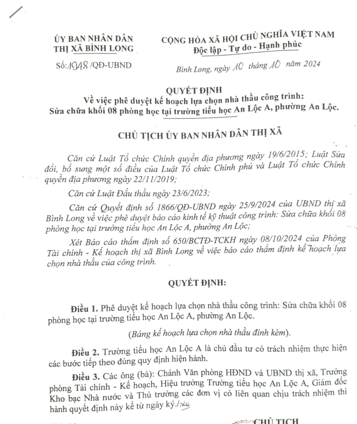 Quyết định số 1948/QĐ-UBND ng&agrave;y 10/10/2024 ph&ecirc; duyệt lựa chọn nh&agrave; thầu c&ocirc;ng tr&igrave;nh sửa chưa khối 8 ph&ograve;ng học Trường Tiểu học An Lộc A.