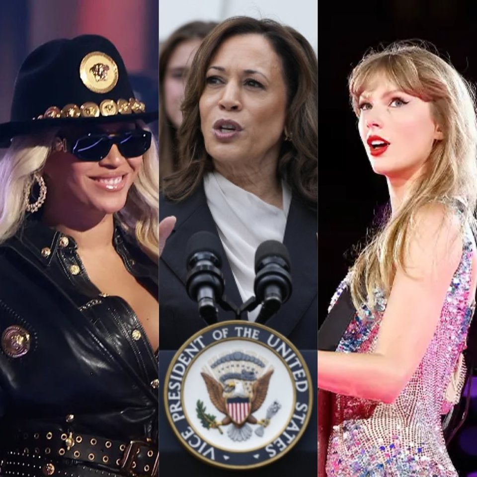 Beyonc&eacute; (ngo&agrave;i c&ugrave;ng b&ecirc;n tr&aacute;i) v&agrave; Taylor Swift (ngo&agrave;i c&ugrave;ng b&ecirc;n phải) l&agrave; 2 nữ danh ca c&ocirc;ng khai ủng hộ b&agrave; Kamala Harris. Ảnh: X