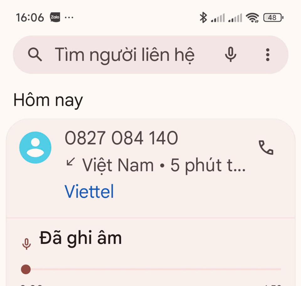 Số điện thoại của đối tượng tự xưng t&ecirc;n Thơm l&agrave; nh&acirc;n vi&ecirc;n chăm s&oacute;c kh&aacute;ch h&agrave;ng Điện lực TP Bạc Li&ecirc;u gọi điện đến anh N.H.N chiều 15/11/2024 dọa cắt điện nếu kh&ocirc;ng cung cấp th&ocirc;ng tin c&aacute; nh&acirc;n (Ho&agrave;ng Nam).