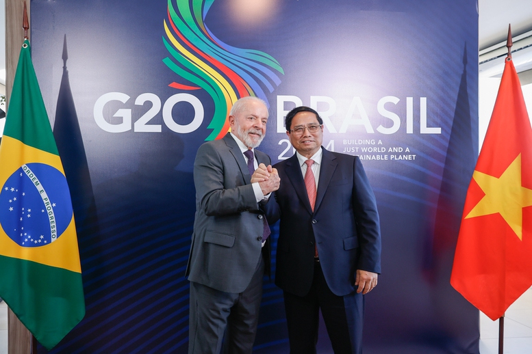 Thủ tướng Ch&iacute;nh phủ Phạm Minh Ch&iacute;nh v&agrave; Tổng thống Brazil Luiz In&aacute;cio Lula da Silva trước hội đ&agrave;m - Ảnh: VGP