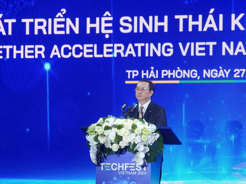 Bộ trưởng Bộ KH&amp;CN Huỳnh Th&agrave;nh Đạt ph&aacute;t biểu tại lễ khai mạc TECHFEST Việt Nam 2024. (ảnh: Thanh Sơn).