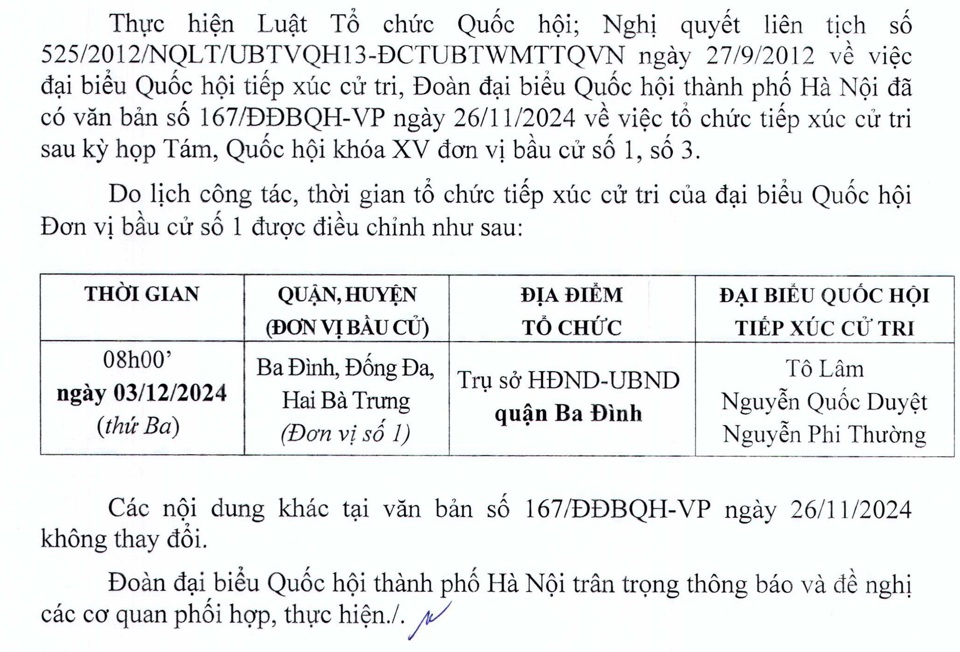 Đoàn Đại biểu Quốc hội TP Hà Nội điều chỉnh lịch tiếp xúc cử tri - Ảnh 1