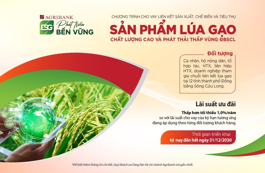 Agribank triển khai cho vay li&ecirc;n kết sản xuất, chế biến v&agrave; ti&ecirc;u thụ sản phẩm l&uacute;a gạo chất lượng cao v&agrave; ph&aacute;t thải thấp v&ugrave;ng Đồng bằng s&ocirc;ng Cửu Long.