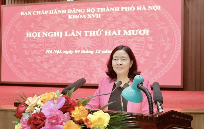 B&iacute; thư Th&agrave;nh ủy H&agrave; Nội B&ugrave;i Thị Minh Ho&agrave;i ph&aacute;t biểu kết luận Hội nghị.