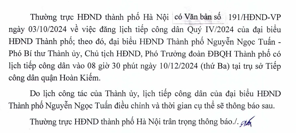 Thay đổi lịch tiếp công dân của đại biểu HĐND TP Hà Nội - Ảnh 1