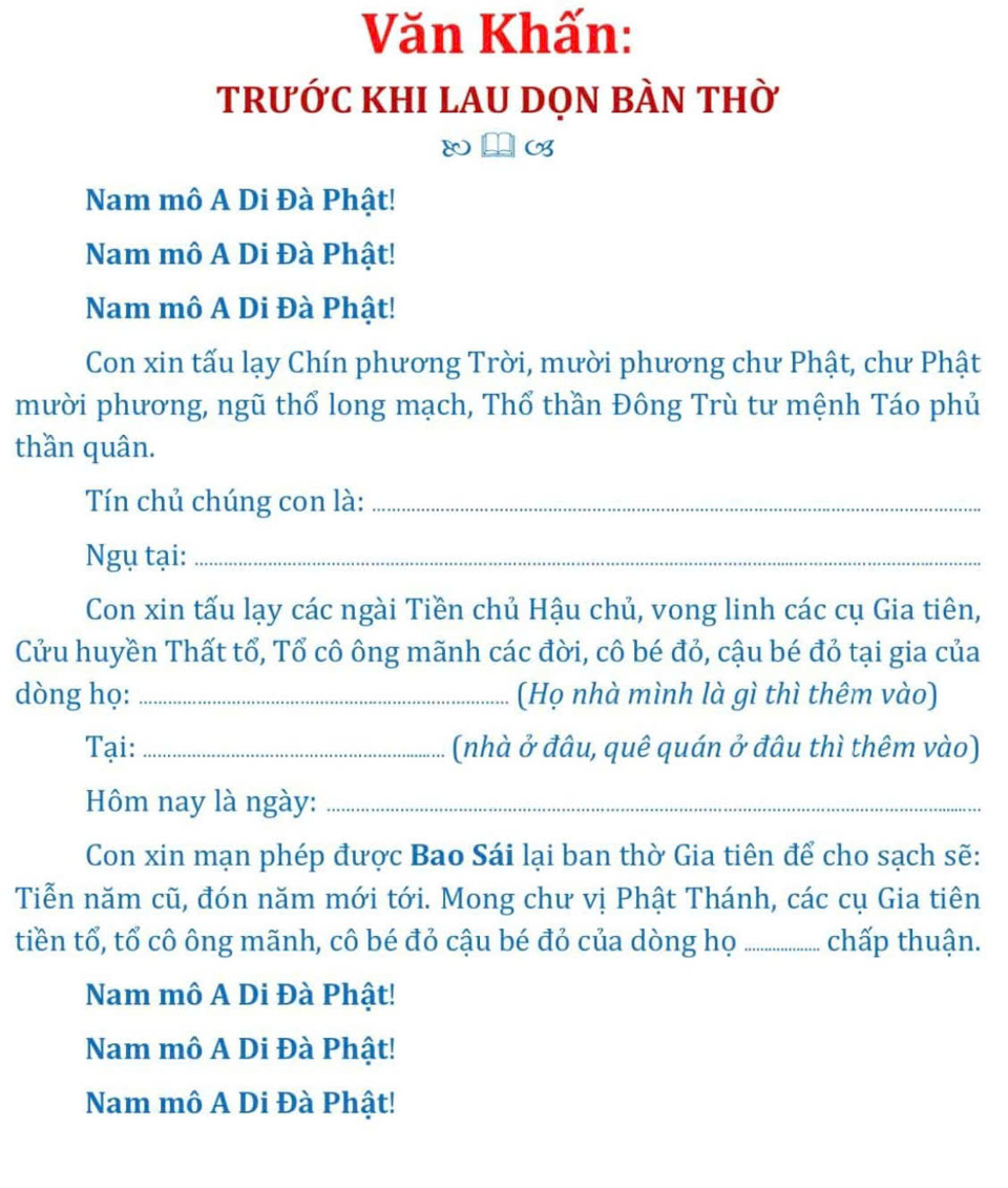 &nbsp;B&agrave;i văn khấn trước khi lau dọn b&agrave;n thờ l&agrave; b&agrave;i khấn nhằm xin ph&eacute;p thần linh, tổ ti&ecirc;n để gia chủ được th&agrave;nh k&iacute;nh tiến h&agrave;nh dọn dẹp b&agrave;n thờ cho sạch sẽ để đ&oacute;n năm mới.&nbsp;