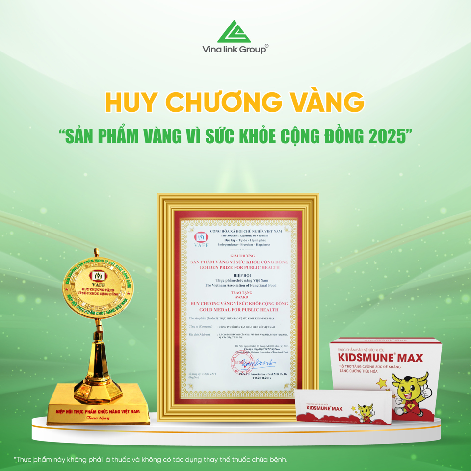 Thực phẩm bảo vệ sức khỏe Kidsmune Max - Huy chương v&agrave;ng v&igrave; sức khỏe cộng đồng năm 2025