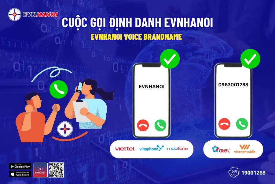 Cuộc gọi định danh EVNHANOI khi li&ecirc;n lạc tới kh&aacute;ch h&agrave;ng đối qua từng nh&agrave; mạng viễn th&ocirc;ng