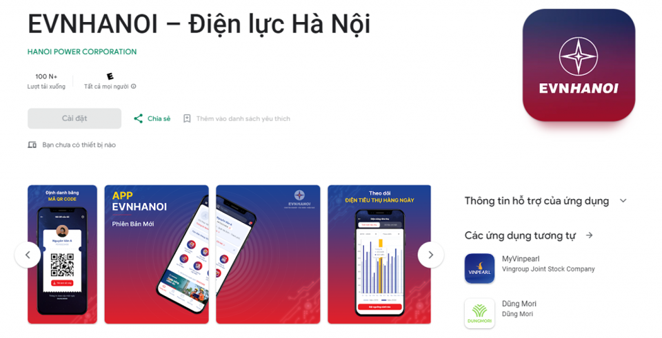 Giao diện App EVNHANOI tr&ecirc;n c&aacute;c kho ứng dụng