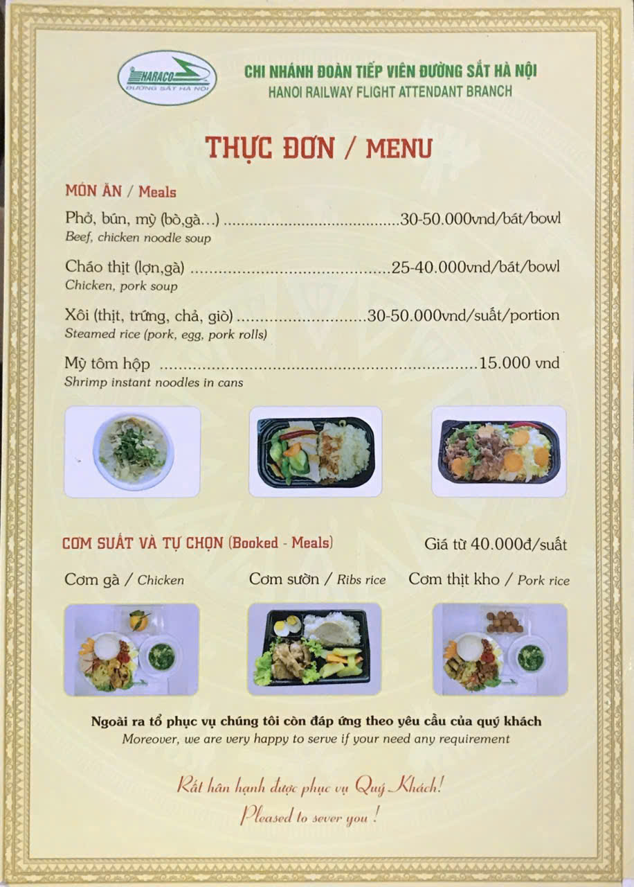 Menu suất ăn tr&ecirc;n t&agrave;u. Ảnh PH