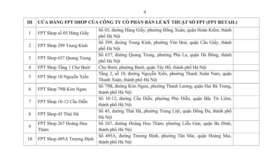 10 cửa h&agrave;ng FPT shop của C&ocirc;ng ty cổ phần b&aacute;n lẻ kỹ thuật số FPT thực hiện th&iacute; điểm. Ảnh chụp m&agrave;n h&igrave;nh