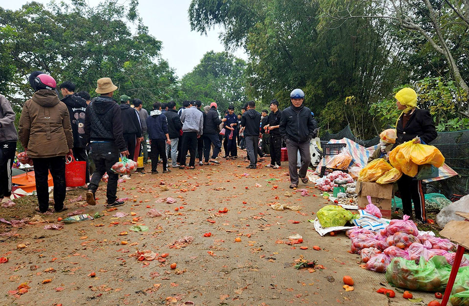 Sau những trận "choảng nhau", c&agrave; chua rơi rải r&aacute;c khắp nơi.