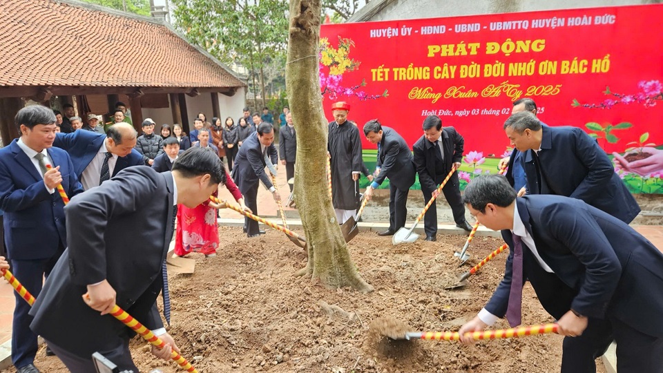 L&atilde;nh đạo huyện Ho&agrave;i Đức trồng c&acirc;y tại Qu&aacute;n Gi&aacute; - x&atilde; Y&ecirc;n Sở nh&acirc;n Tết trồng c&acirc;y Xu&acirc;n Ất Tỵ 2025.