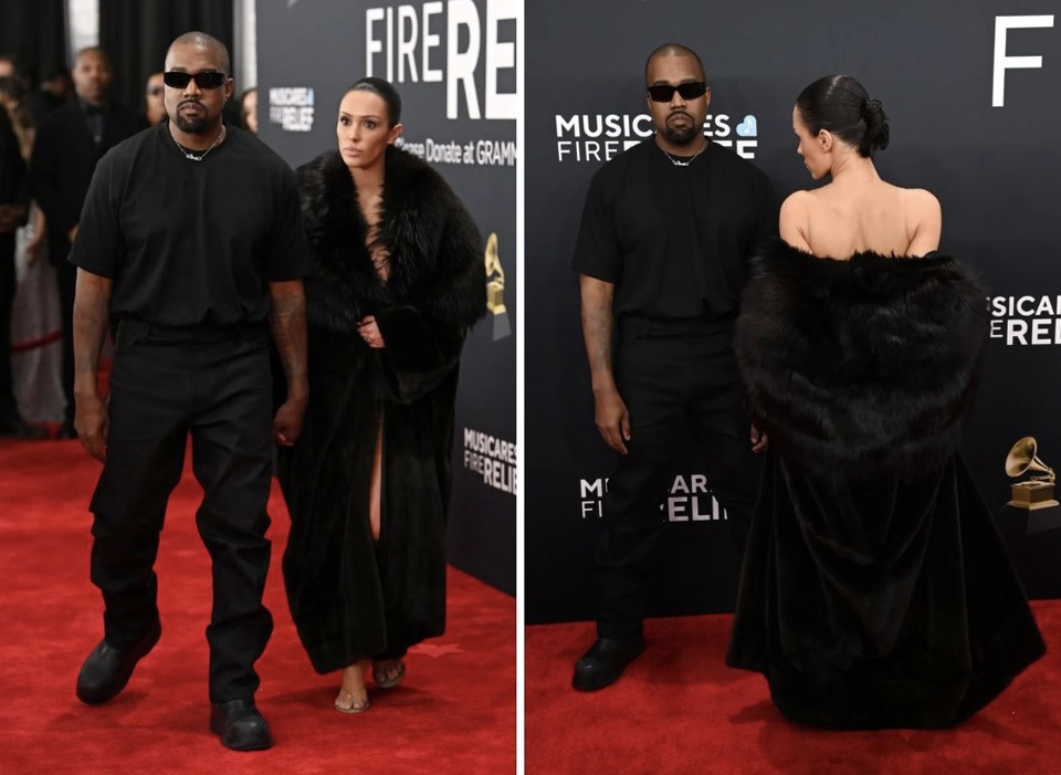 Kanye West (Ye) nắm tay vợ Bianca Censori l&ecirc;n thảm đỏ Grammy 2025.&nbsp; Người mẫu &Uacute;c lần đầu xuất hiện tr&ecirc;n thảm đỏ c&ugrave;ng chồng Kanye West sau 2 năm chung sống. Ảnh: X.