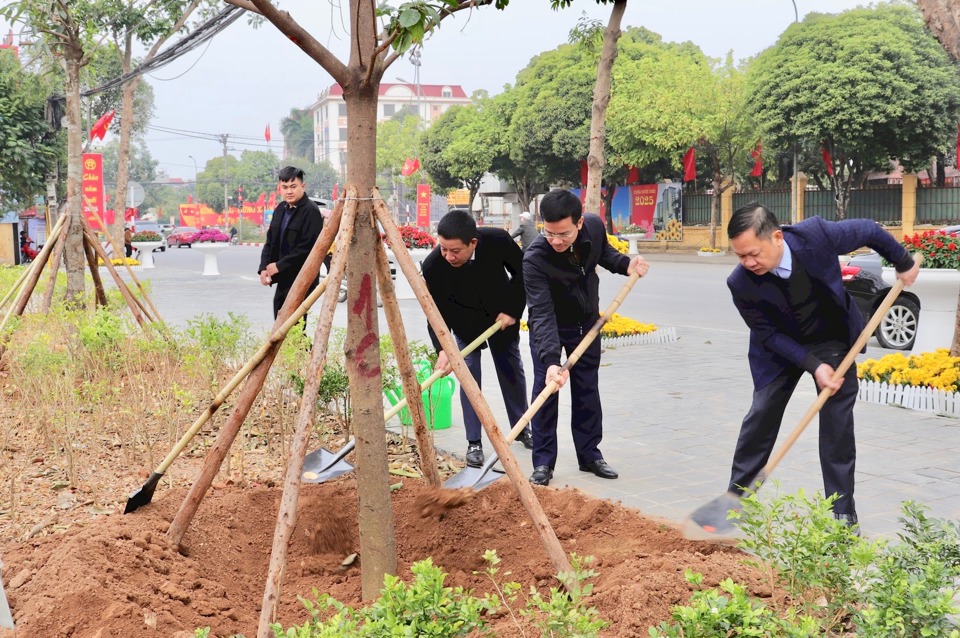 L&atilde;nh đạo huyện S&oacute;c Sơn tham gia trồng c&acirc;y tại Lễ ph&aacute;t động.