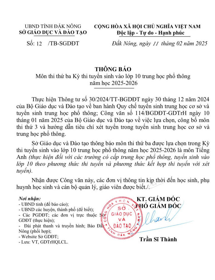 Sở GD&amp;ĐT tỉnh Đắk N&ocirc;ng c&ocirc;ng bố tiếng Anh l&agrave; m&ocirc;n thi thứ 3 trong kỳ thi v&agrave;o lớp 10 năm học 2025-2026 tr&ecirc;n địa b&agrave;n tỉnh.