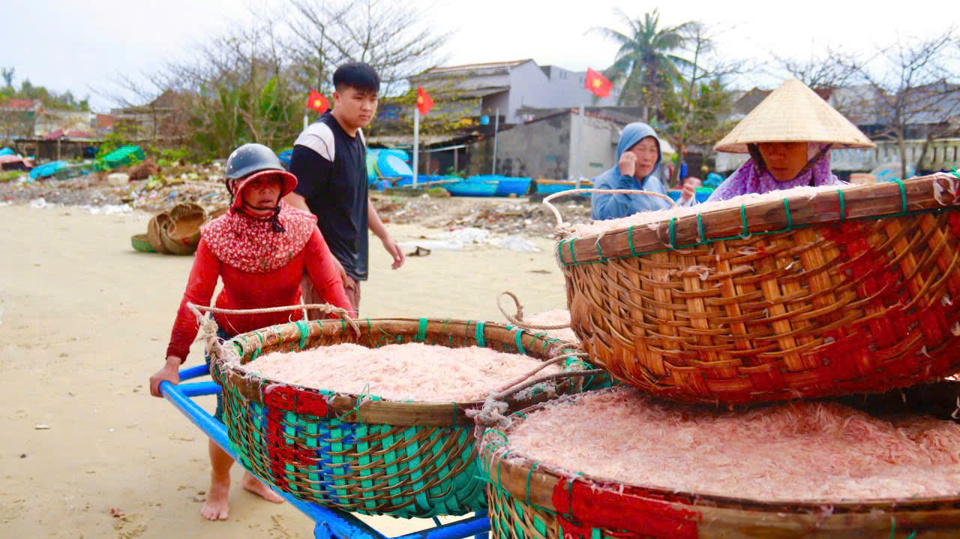 Những th&ugrave;ng ruốc tươi r&oacute;i vừa khai th&aacute;c từ biển.