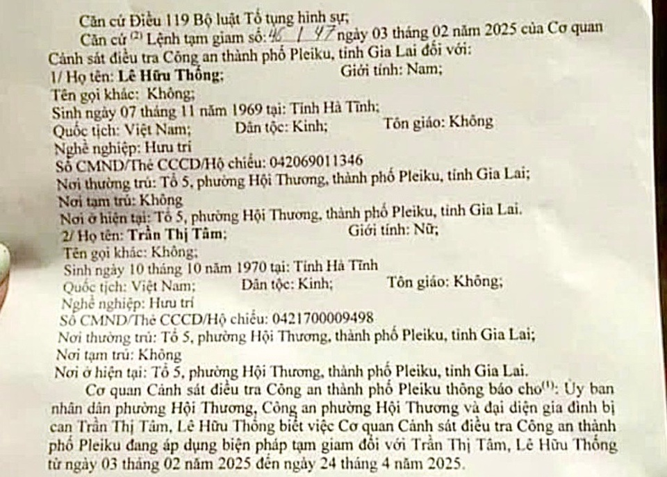 Một phần th&ocirc;ng b&aacute;o của Cơ quan cảnh s&aacute;t điều tra C&ocirc;ng an TP Pleiku.