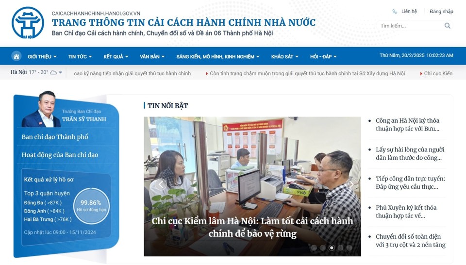 Giao diện Trang thông tin Cải cách hành chính TP Hà Nội.