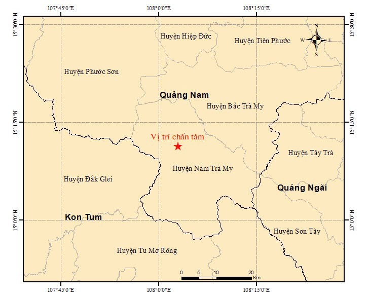 Vị tr&iacute; xảy ra động đất l&uacute;c 9 giờ 29 ph&uacute;t 5 gi&acirc;y ng&agrave;y 22/2/2025 tại huyện Nam Tr&agrave; My.