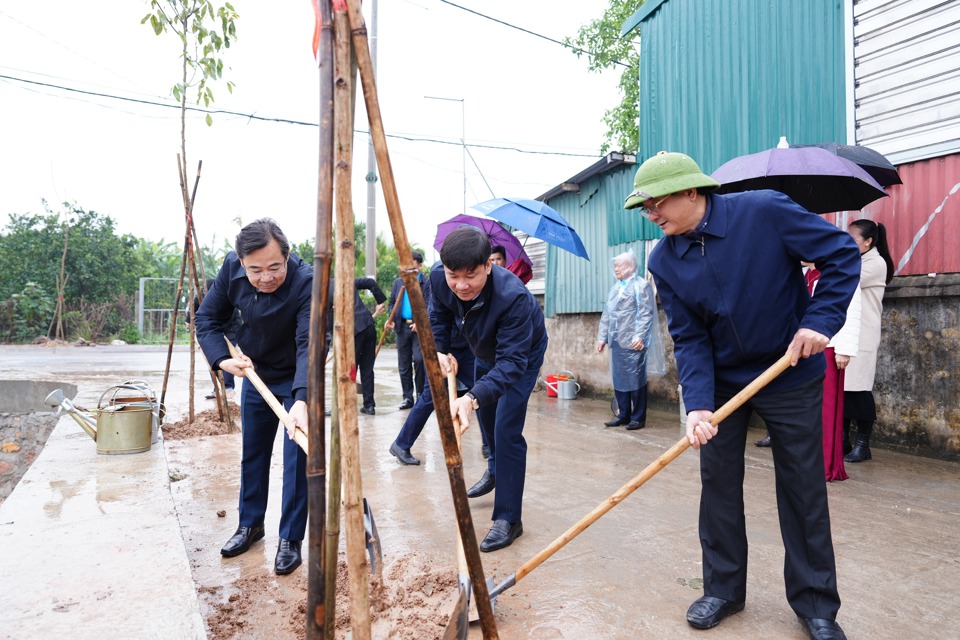 L&atilde;nh đạo LĐLĐ TP v&agrave; huyện Ứng Ho&agrave; trồng c&acirc;y. Ảnh: Lại Tấn