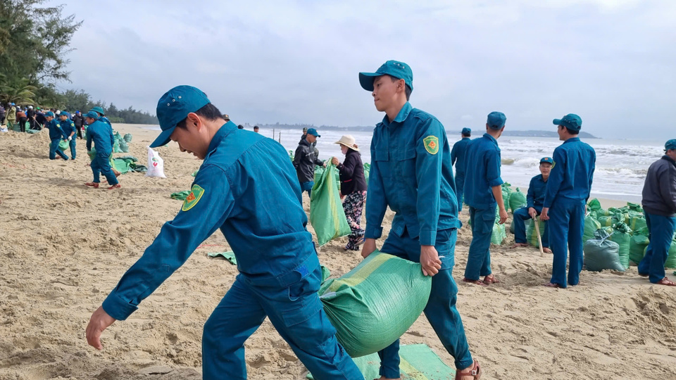 Lực lượng d&acirc;n qu&acirc;n tham gia l&agrave;m k&egrave; c&aacute;t.