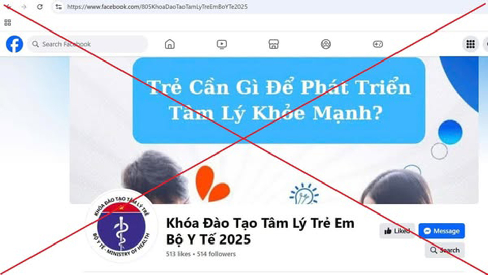 Trang Fanpage &ldquo;Kho&aacute; Đ&agrave;o tạo T&acirc;m L&yacute; Trẻ Em Bộ Y tế 2025&rdquo;, sử dụng tr&aacute;i ph&eacute;p logo v&agrave; c&aacute;c h&igrave;nh ảnh, nội dung nhận diện thương hiệu của Bộ Y tế.