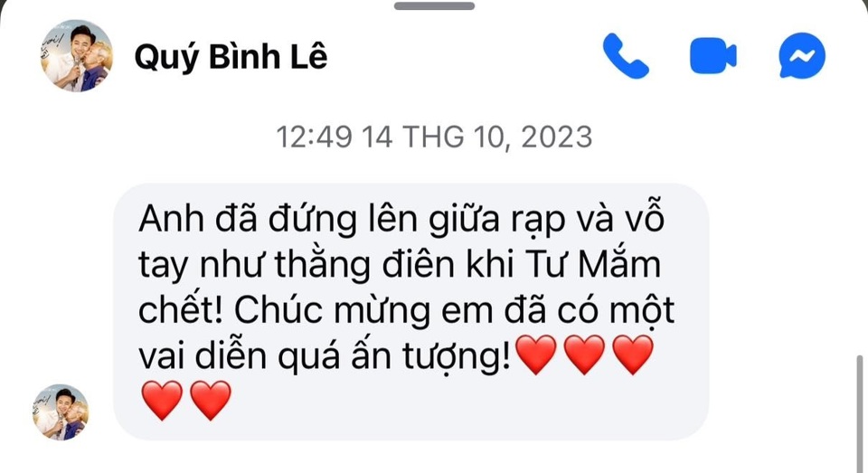 Đoạn tin nhắn ch&uacute;c mừng từ đ&agrave;n anh Qu&yacute; B&igrave;nh được Băng Di chia sẻ lại. Ảnh: Băng Di