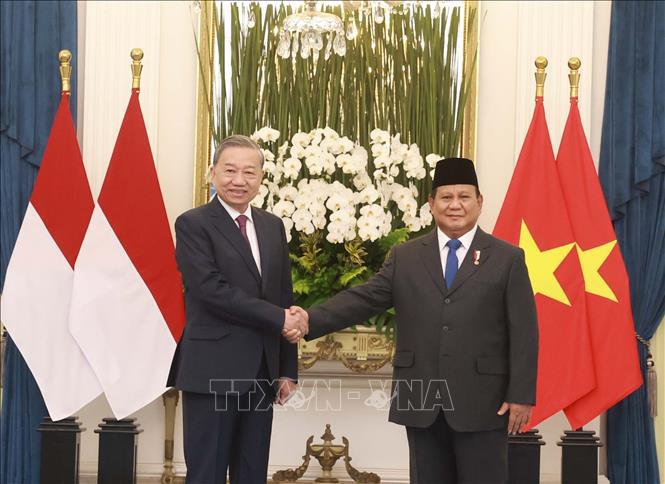 Tổng thống Indonesia Prabowo Subianto v&agrave; Tổng B&iacute; thư T&ocirc; L&acirc;m chụp ảnh chung trước khi tiến h&agrave;nh hội đ&agrave;m. Ảnh: TTXVN