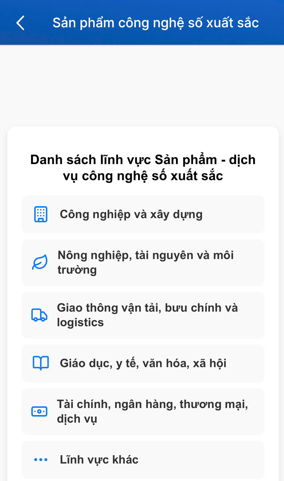 Thông tin về các sản phẩm, dịch vụ công nghệ số xuất sắc trên nền tảng ứng dụng iHanoi theo các lĩnh vực.