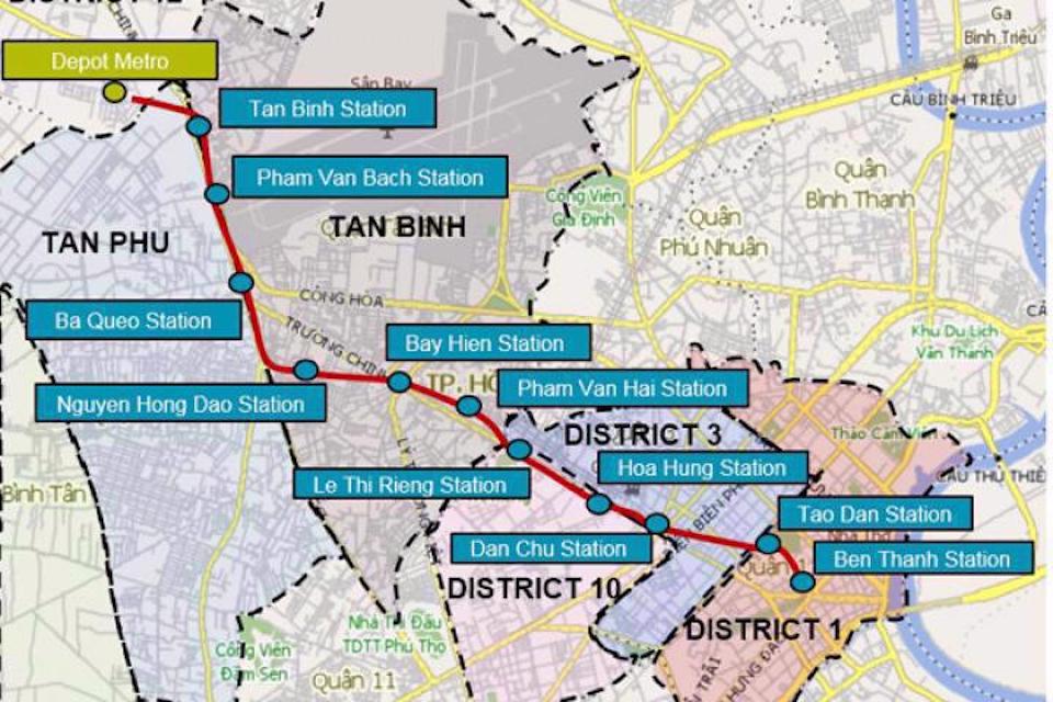 Sơ đồ hướng tuyến của metro số 2 (Bến Th&agrave;nh - Tham Lương)