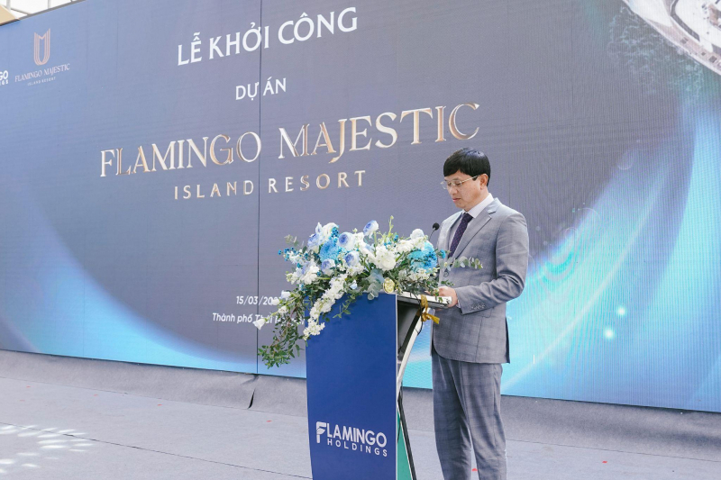 &Ocirc;ng Trần Trọng B&igrave;nh - Chủ tịch Hội đồng quản trị Tập đo&agrave;n Flamingo Holdings ph&aacute;t biểu tại Lễ khởi c&ocirc;ng