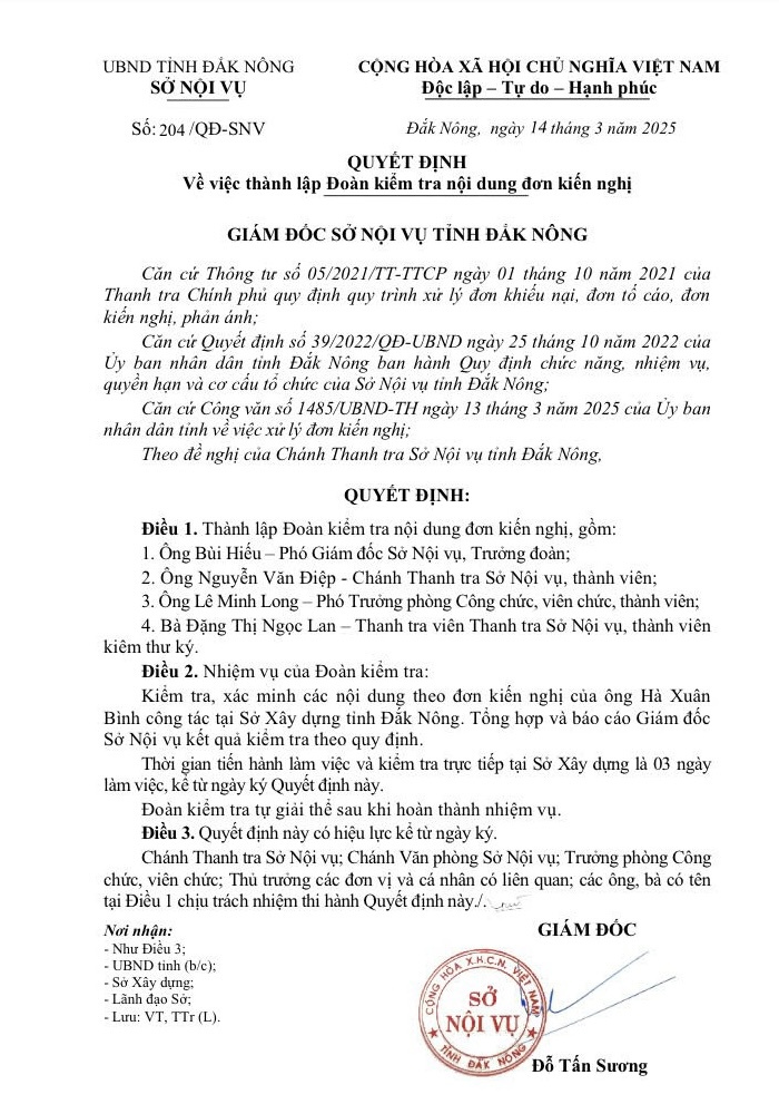 Sở Nội vụ tỉnh Đắk N&ocirc;ng c&ocirc;ng bố Quyết định về việc th&agrave;nh lập Đo&agrave;n kiểm tra nội dung đơn kiến nghị.