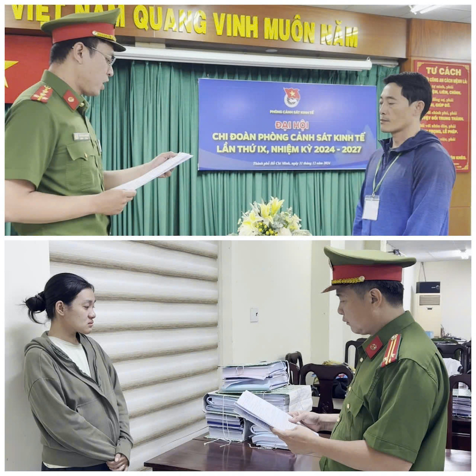 C&ocirc;ng an TP Hồ Ch&iacute; Minh đọc lệnh khởi tố một số đối tượng thuộc đường d&acirc;y mua b&aacute;n tr&aacute;i ph&eacute;p h&oacute;a đơn GTGT. Ảnh: CACC